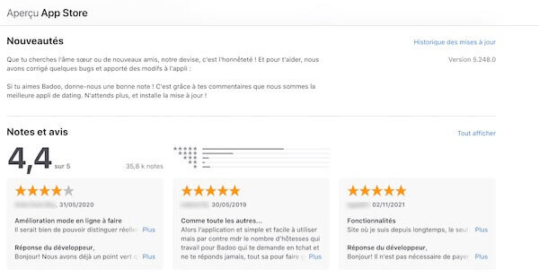 avis Badoo sur App store