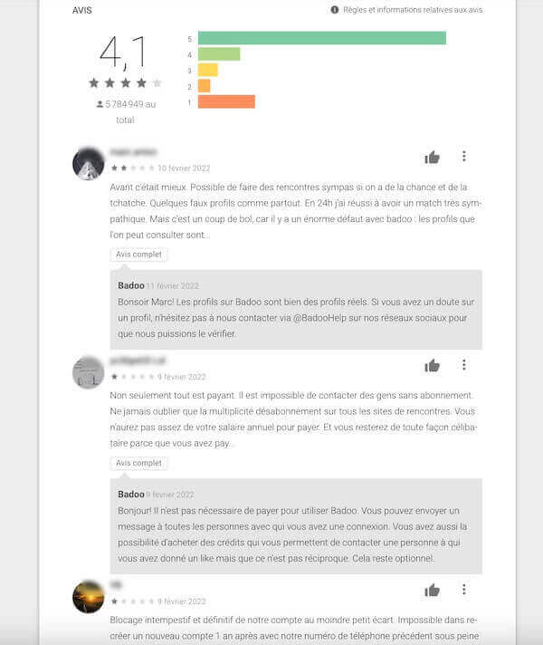 avis Badoo sur Google Play
