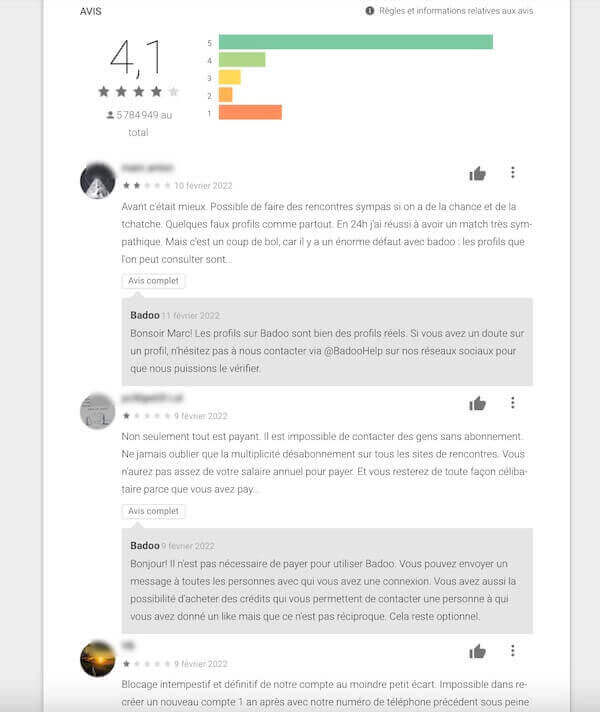 avis  Badoo sur Google Play