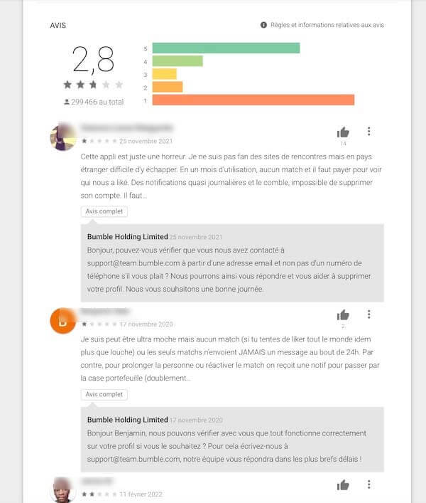 avis bumble sur Google Play