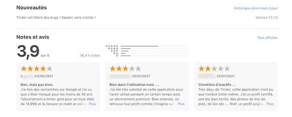 avis Tinder sur App store